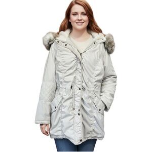 Maurices 0 (14) Beige Puffer Utility Winter Coat w/ Faux Fur Hood Cozy Jacket